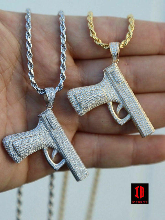 925 Silver Gun Pendant 9mm Pistol Pendant + Rope Chain Large 2inch Glock