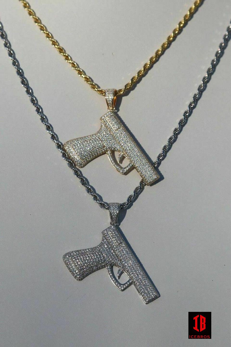 925 Silver Gun Pendant 9mm Pistol Pendant + Rope Chain Large 2" Glock