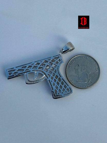 925 Silver Gun Pendant 9mm Pistol Pendant + Rope Chain Large 2inch Glock