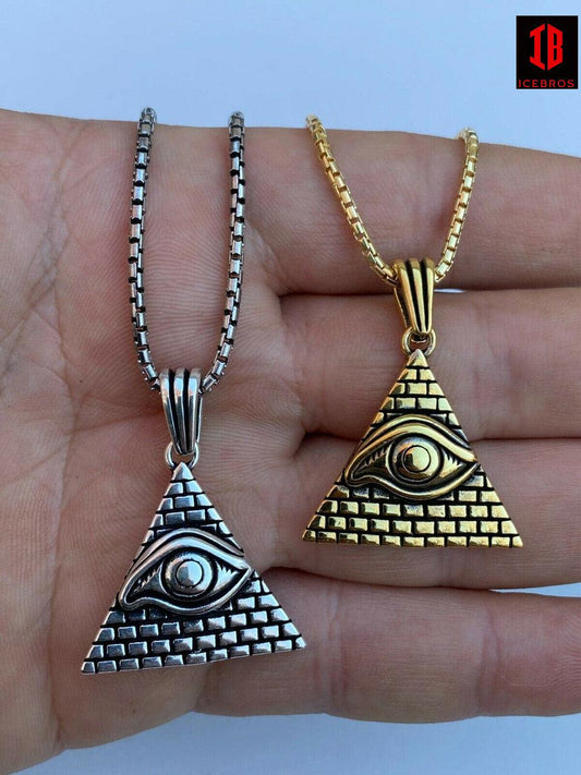 Fine 925 Silver Illuminati All Seeing Eye Egyptian Pyramid Pendant Gold Necklace