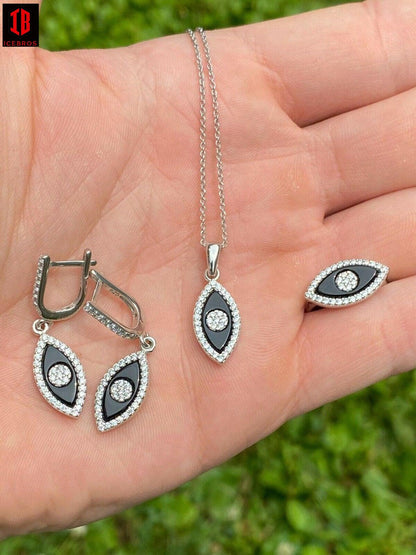 925 Silver Lucky Evil Eye Diamond Black Onyx Ring Necklace Earrings Girls Set