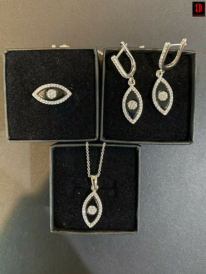 925 Silver Lucky Evil Eye Diamond Black Onyx Ring Necklace Earrings Girls Set