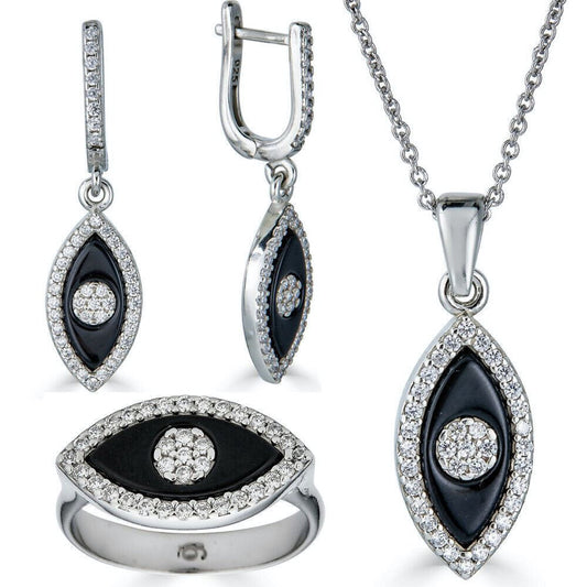 925 Silver Lucky Evil Eye Diamond Black Onyx Ring Necklace Earrings Girls Set