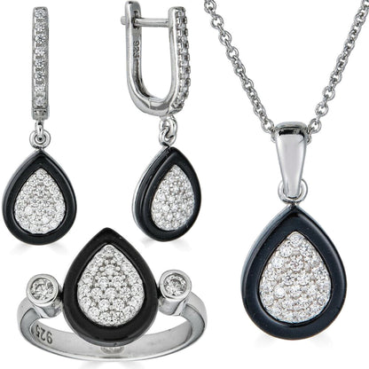 925 Silver Teardrop Black Onyx Diamond Ring Necklace & Earrings Ladies Girls Set