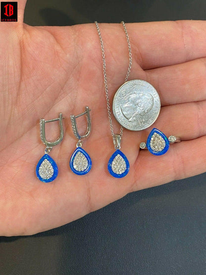 925 Silver Teardrop Diamond Blue Opal Ring Necklace & Earrings Ladies Girls Set