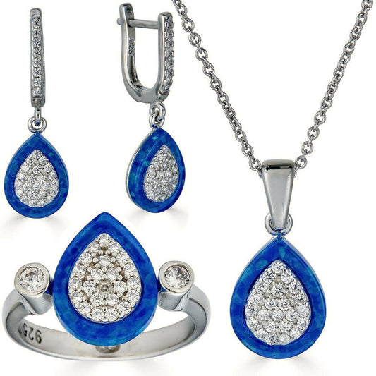 925 Silver Teardrop Diamond Blue Opal Ring Necklace & Earrings Ladies Girls Set