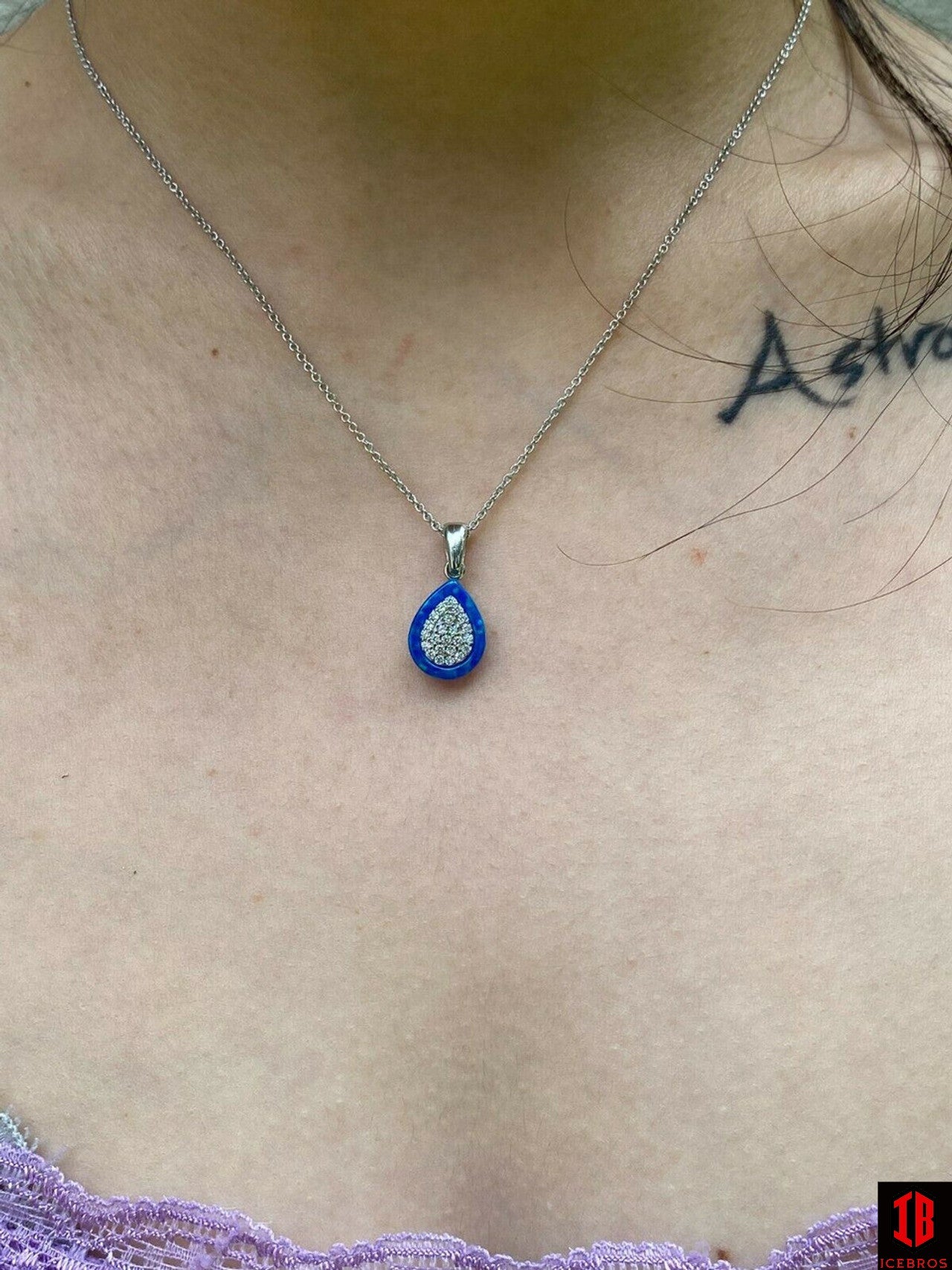 925 Silver Teardrop Diamond Blue Opal Ring Necklace & Earrings Ladies Girls Set