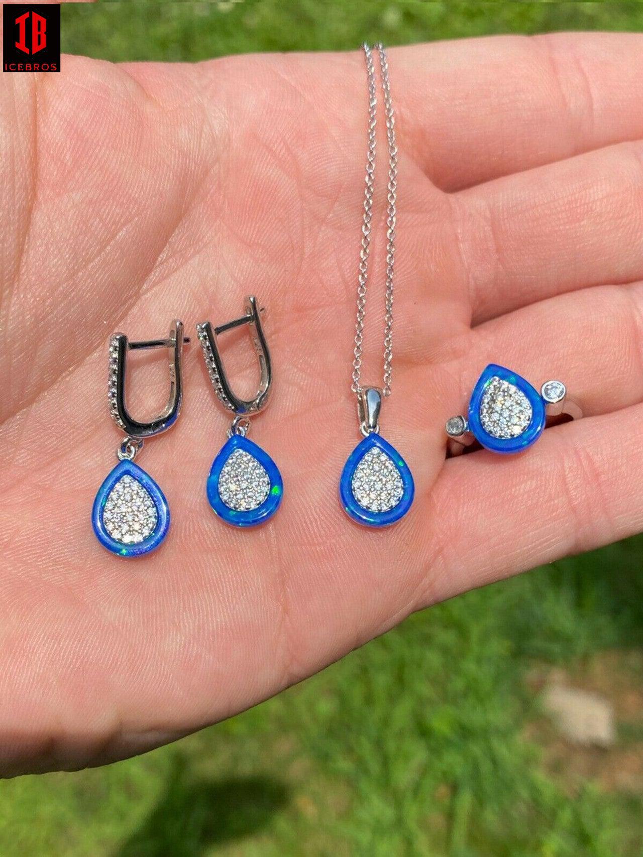 925 Silver Teardrop Diamond Blue Opal Ring Necklace & Earrings Ladies Girls Set