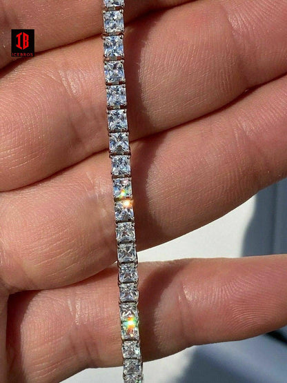 Tennis Bracelet Real 925 Sterling Silver Single Row Princess Square Iced Diamond