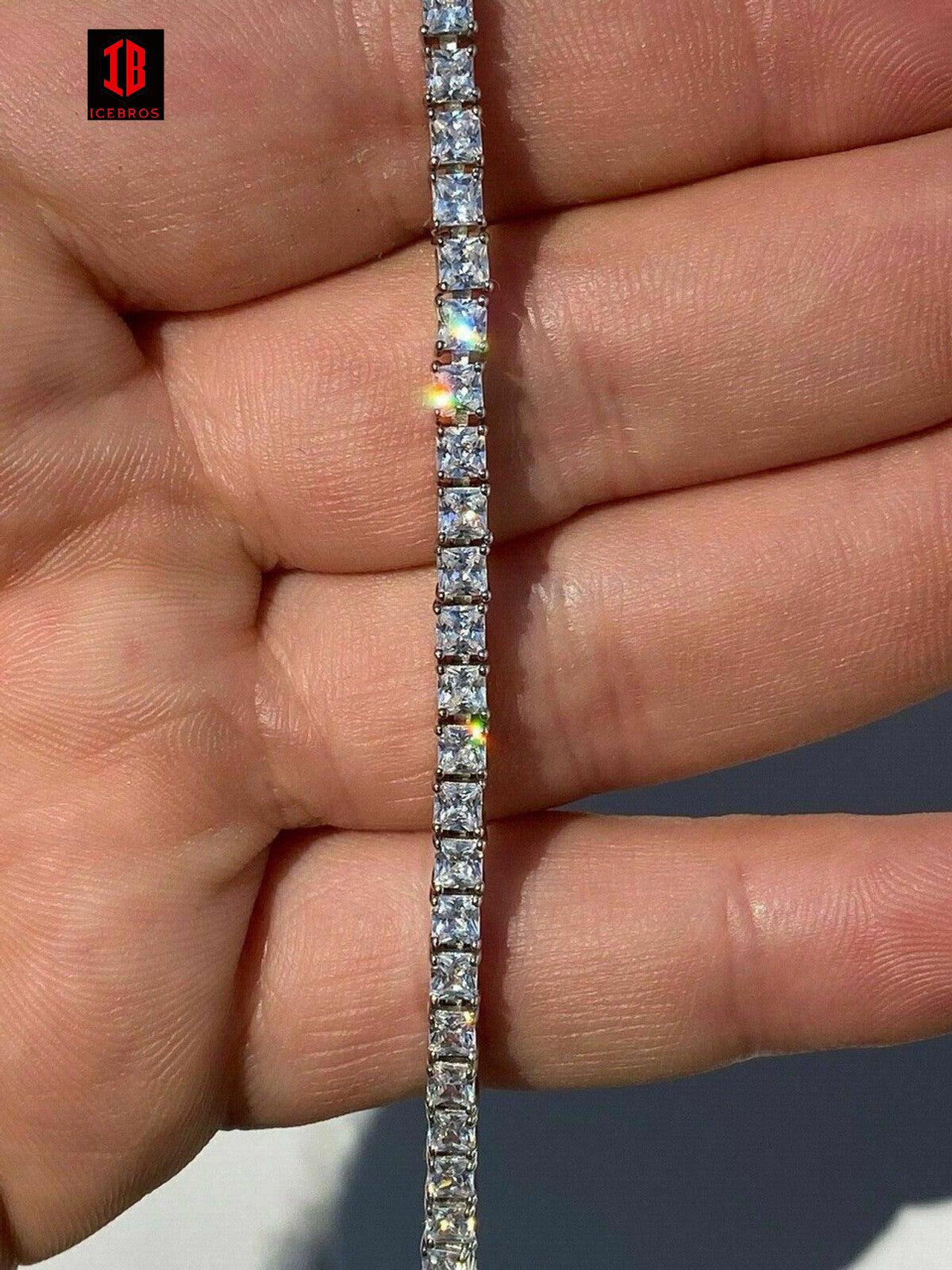 Tennis Bracelet Real 925 Sterling Silver Single Row Princess Square Iced Diamond