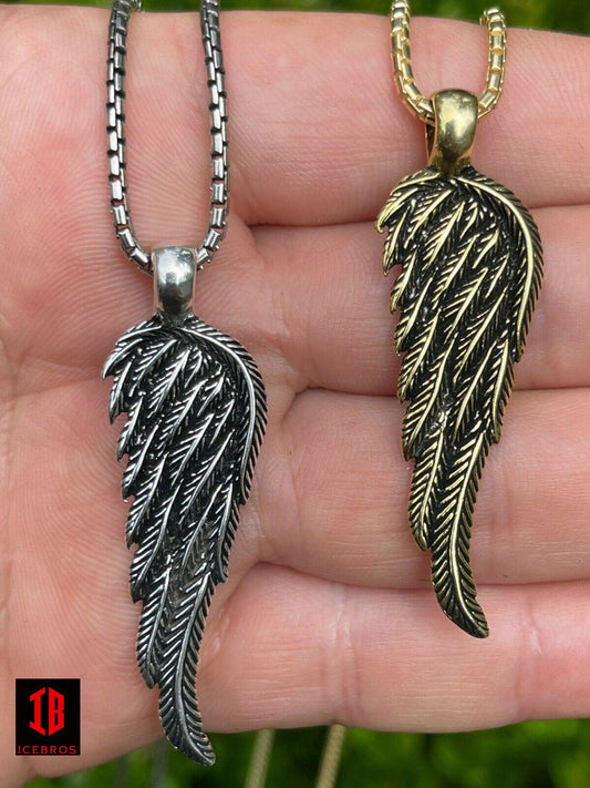 925 Sterling Silver Angel Wing Feather Pendant Necklace Gold Unisex