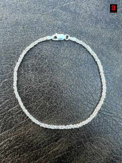 Real Solid 925 Sterling Silver Diamond Cut 3mm Sparkle Rope Bracelet 6-8.5inch Long