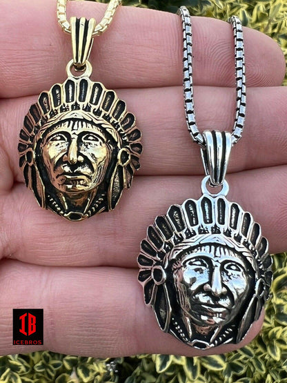 925 Sterling Silver 14K Gold Indian Head Chief Headdress Pendant Necklace