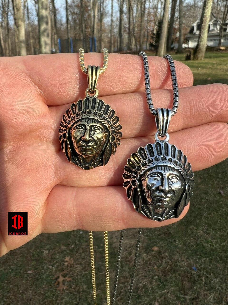 925 Sterling Silver 14K Gold Indian Head Chief Headdress Pendant Necklace