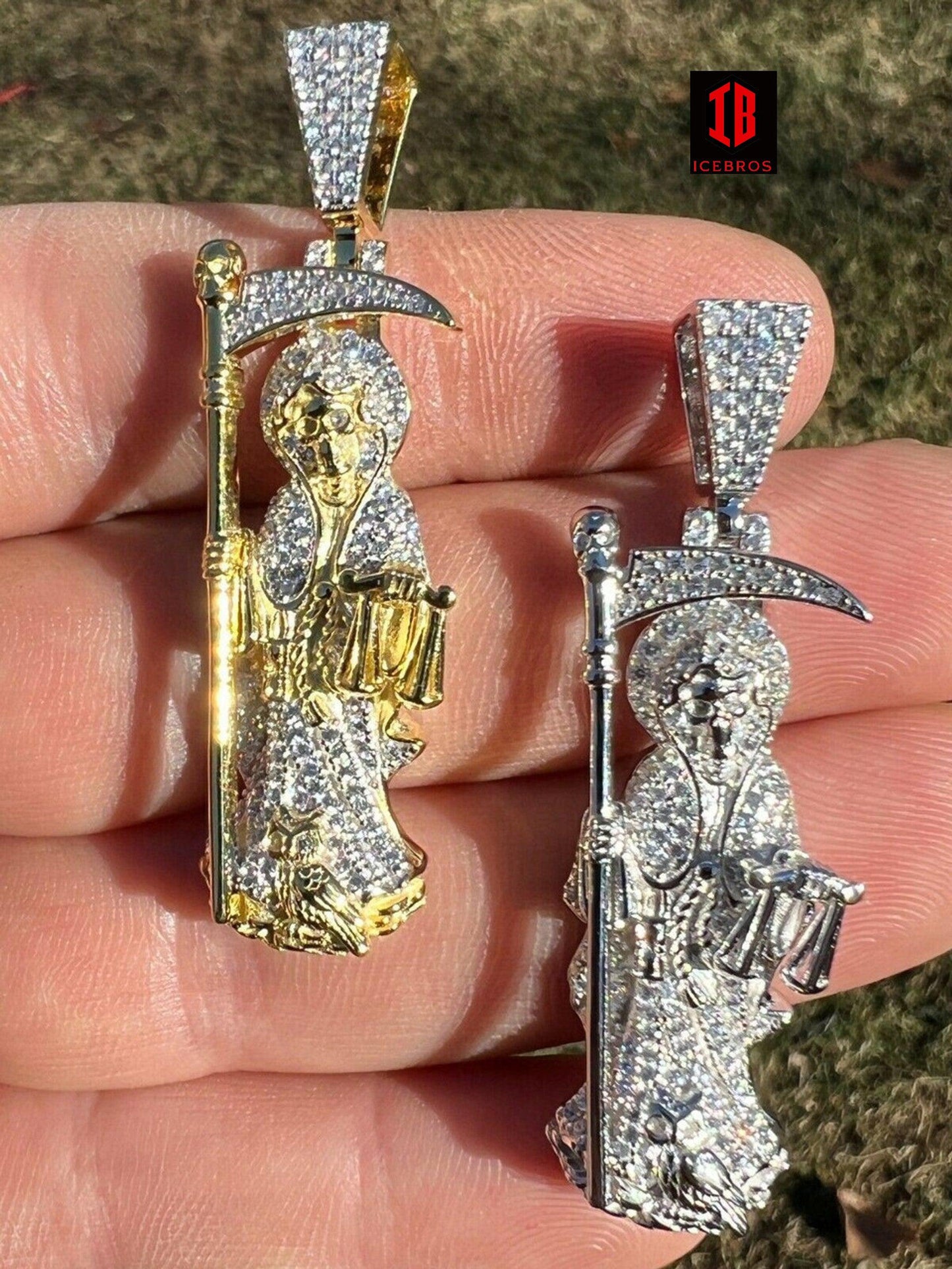 Fine 925 Sterling Silver 10K Gold Santa Muerte Grim Reaper Death Pendant Necklace