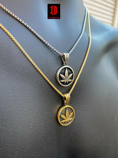 Real 925 Sterling Silver Marijuana Flower Leaf Pendant Gold Necklace Medallion
