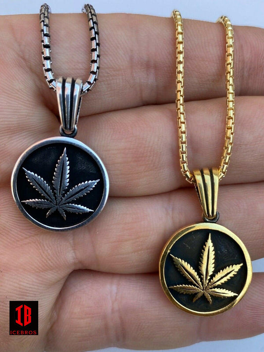 Real 925 Sterling Silver Marijuana Flower Leaf Pendant Gold Necklace Medallion