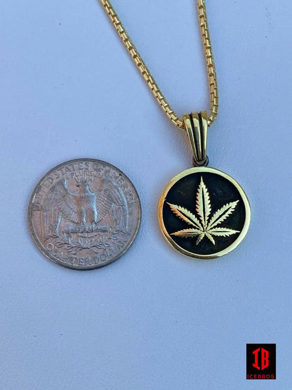 Real 925 Sterling Silver Marijuana Flower Leaf Pendant Gold Necklace Medallion