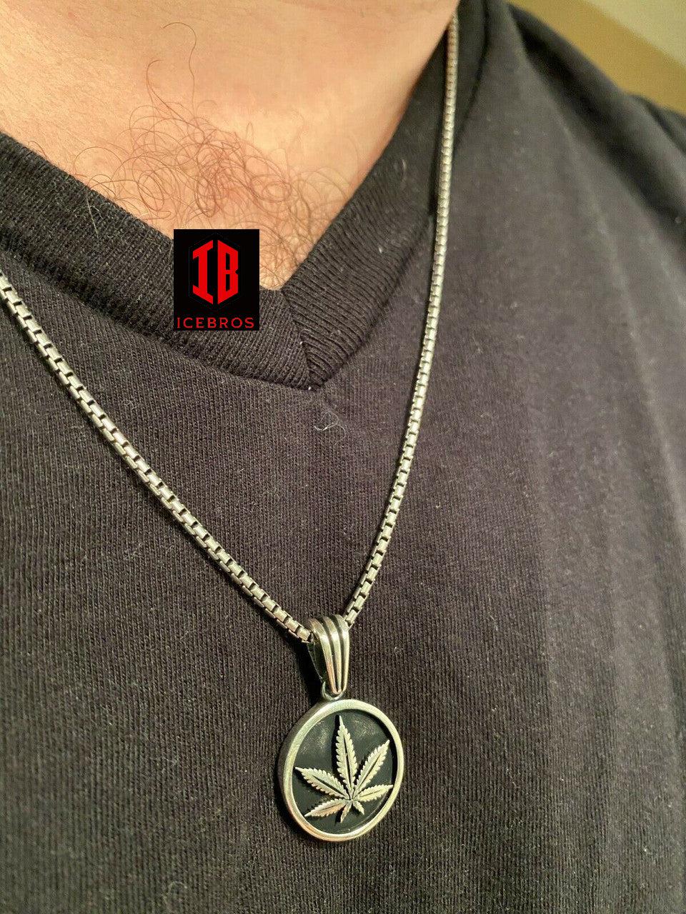 Real 925 Sterling Silver Marijuana Flower Leaf Pendant Gold Necklace Medallion