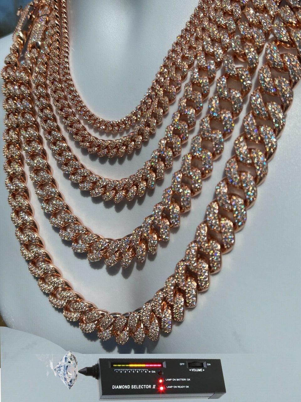 14k Rose Gold Miami Curb Cuban Link Chain VVS Moissanite 925 Sterling Silver Necklace