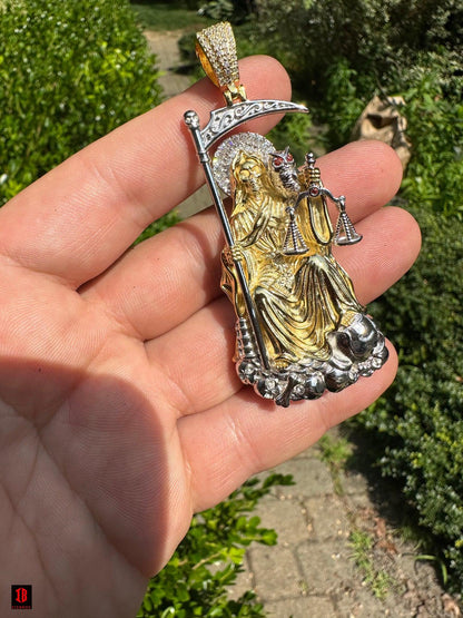 MOISSANITE Santa Muerte Grim Reaper Pendant 925 Silver 14k White Gold Rose Necklace