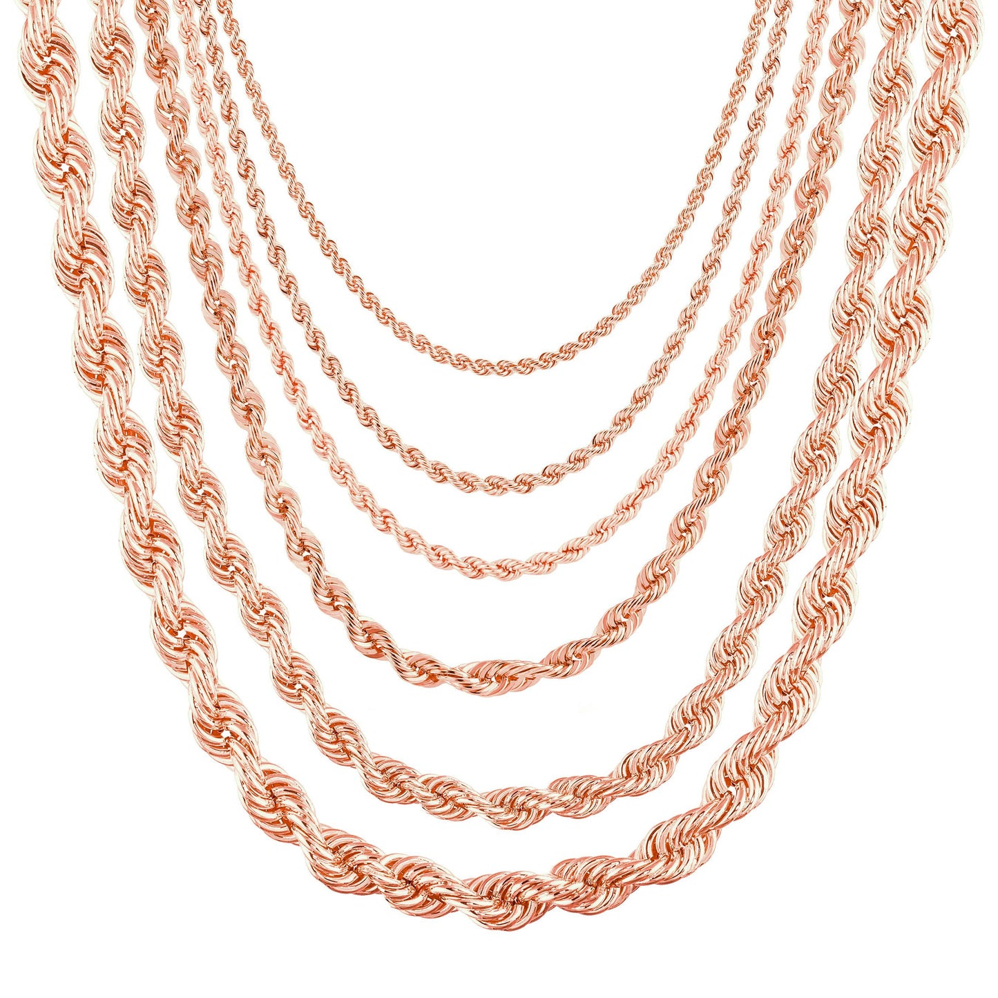 Unisex 14k Rose Gold Over Solid 925 Sterling Silver Ladies Men's Rope Chain Necklace (2mm, 5mm)