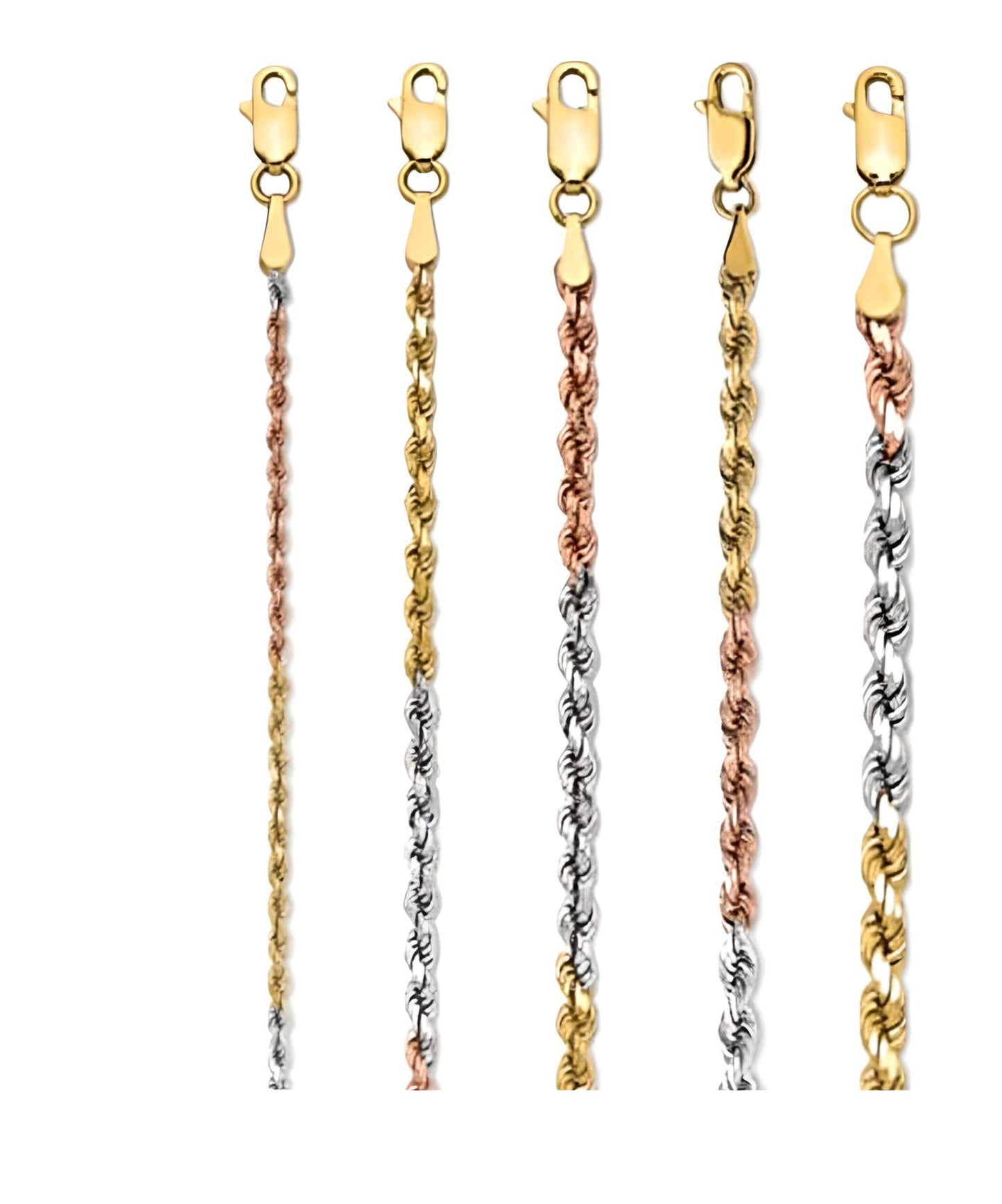 Vermeil 925 Sterling Silver, Yellow, & Rose Gold Tri Color Rope Chain Necklace (2-5mm)