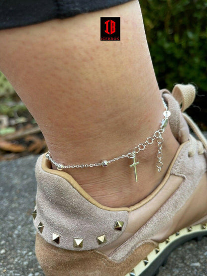 Beaded Ankle Bracelet Rosary Cross Anklet 14k Gold Vermeil 925 Silver 8inch-11.5inch