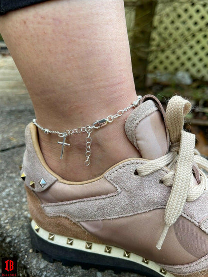 Beaded Ankle Bracelet Rosary Cross Anklet 14k Gold Vermeil 925 Silver 8inch-11.5inch