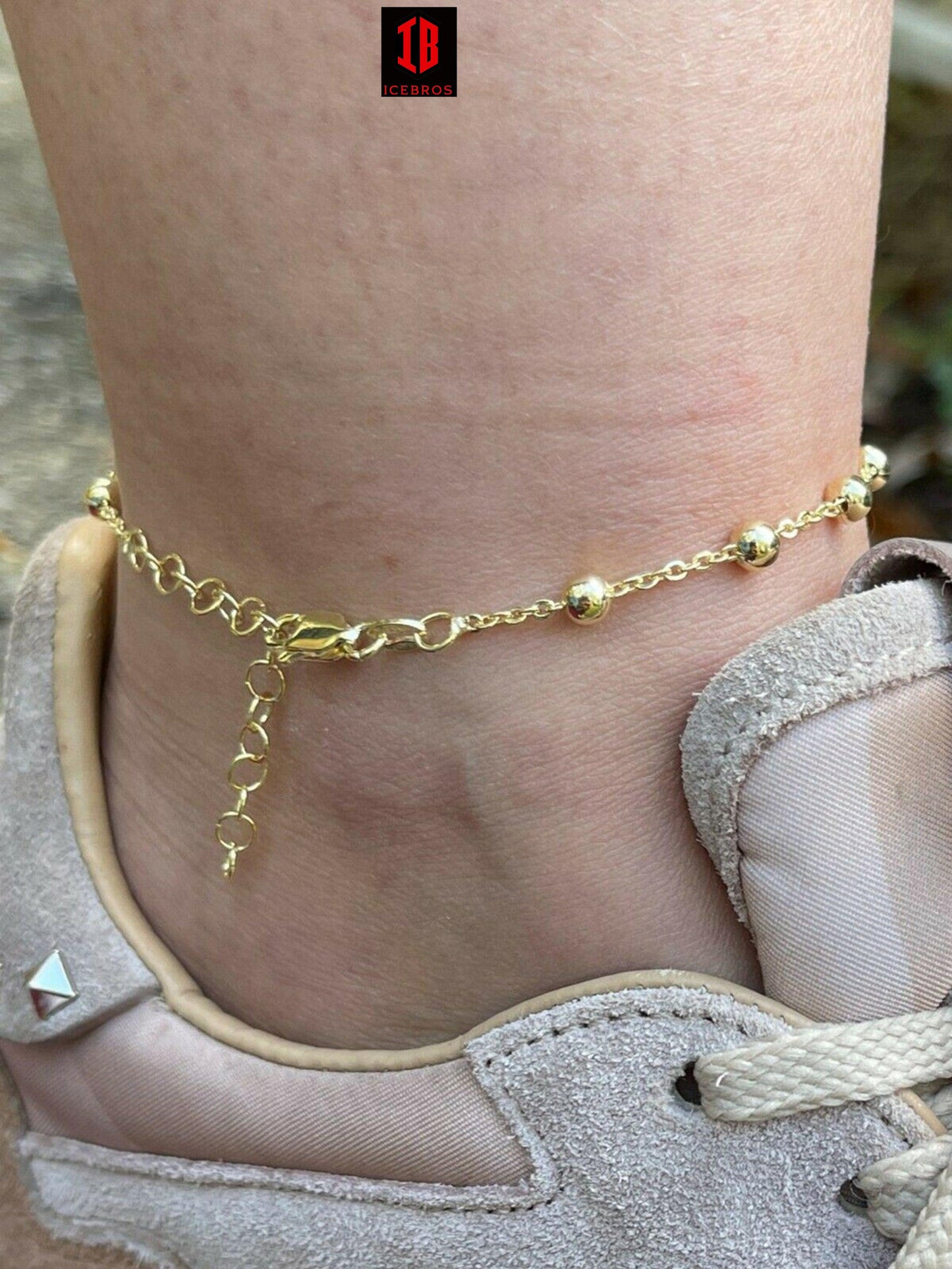 Beaded Ankle Bracelet Anklet White Gold Vermeil 925 Silver 8"-11.5" Girls Ladies