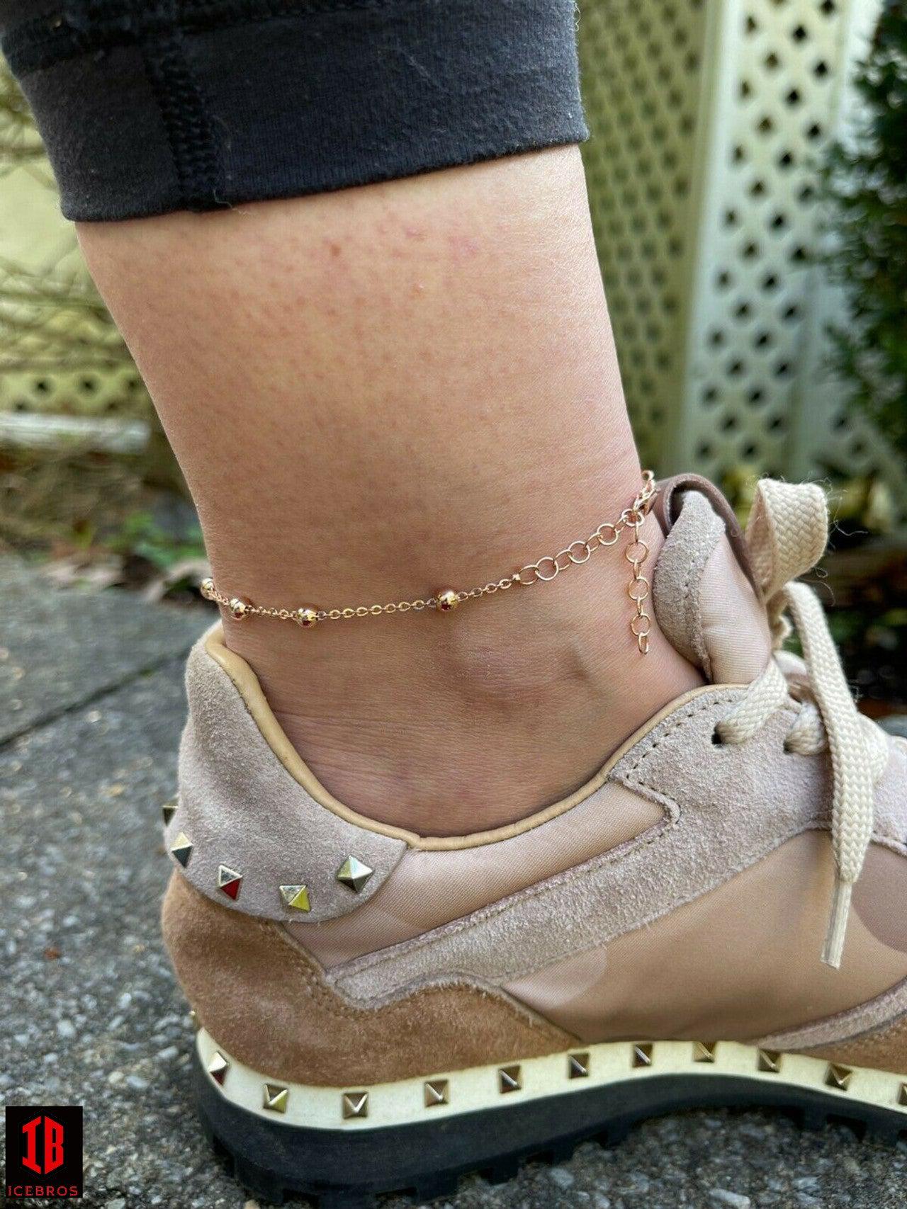 Beaded Ankle Bracelet Anklet White Gold Vermeil 925 Silver 8"-11.5" Girls Ladies