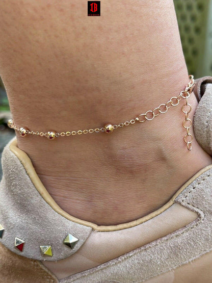 Beaded Ankle Bracelet Anklet White Gold Vermeil 925 Silver 8inch-11.5inch Girls Ladies