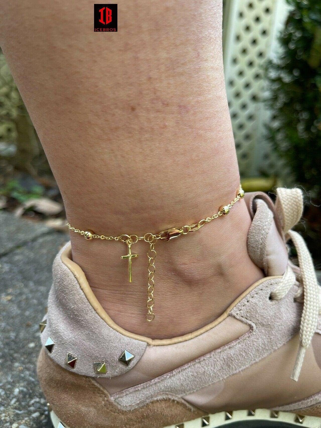Beaded Ankle Bracelet Rosary Cross Anklet Rose Gold Vermeil 925 Silver 8"-11.5"