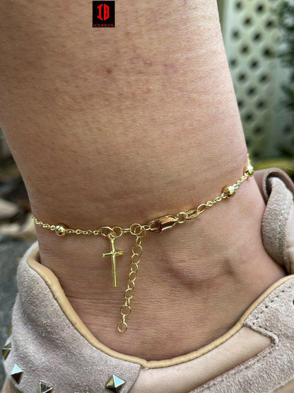 Beaded Ankle Bracelet Rosary Cross Anklet Rose Gold Vermeil 925 Silver 8"-11.5"