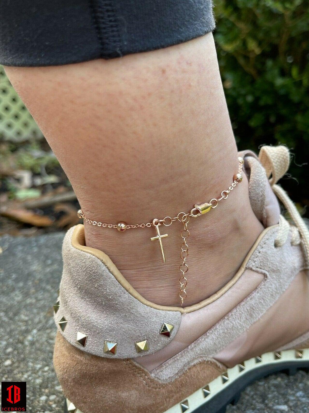 Beaded Ankle Bracelet Rosary Cross Anklet 14k Gold Vermeil 925 Silver 8inch-11.5inch