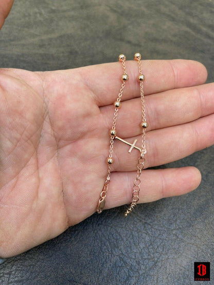 Beaded Ankle Bracelet Rosary Cross Anklet Rose Gold Vermeil 925 Silver 8inch-11.5inch