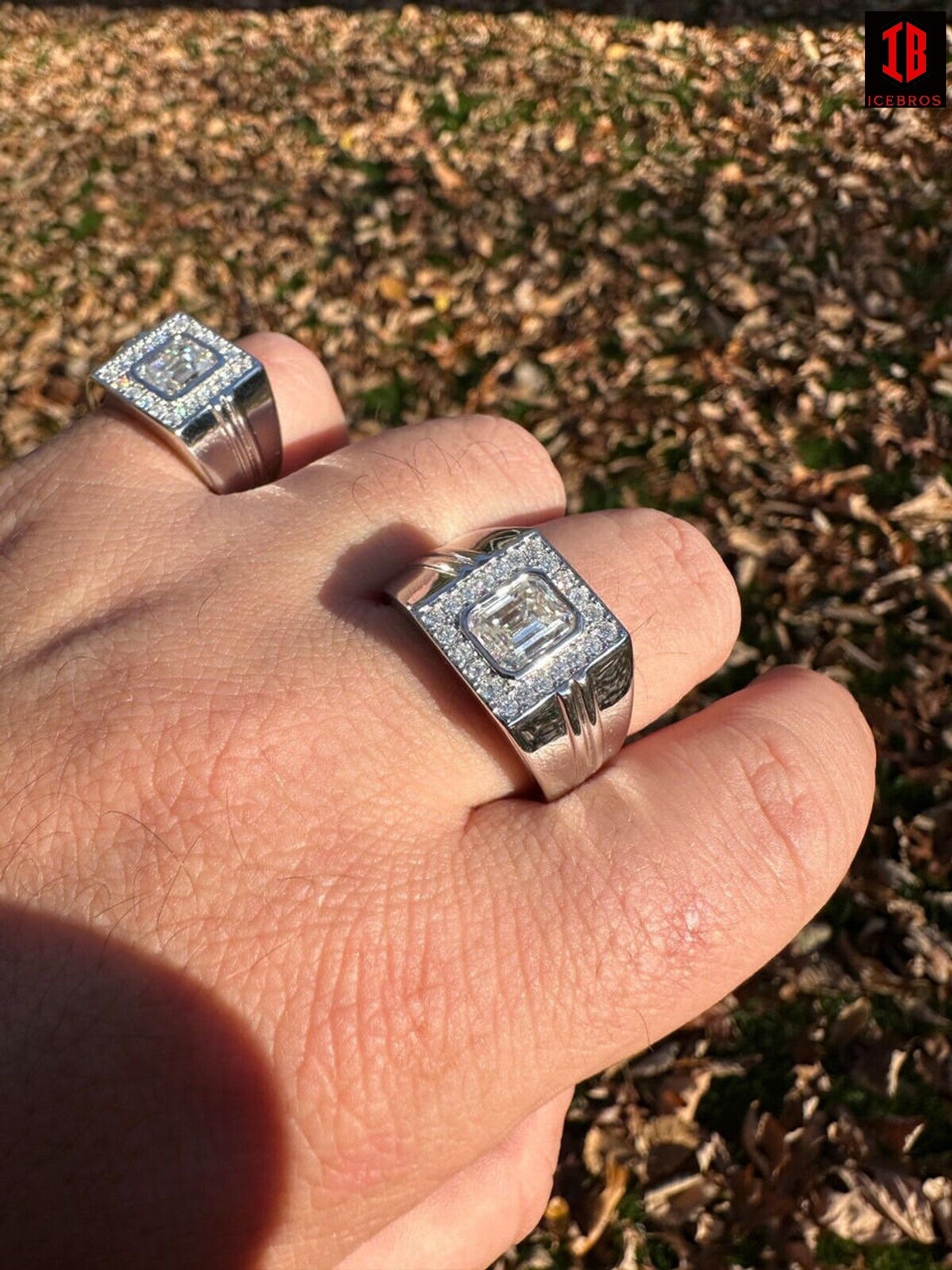 A Person Wearing 2 Different Sizes of Emerald Cut Moissanite Solitaire Ring