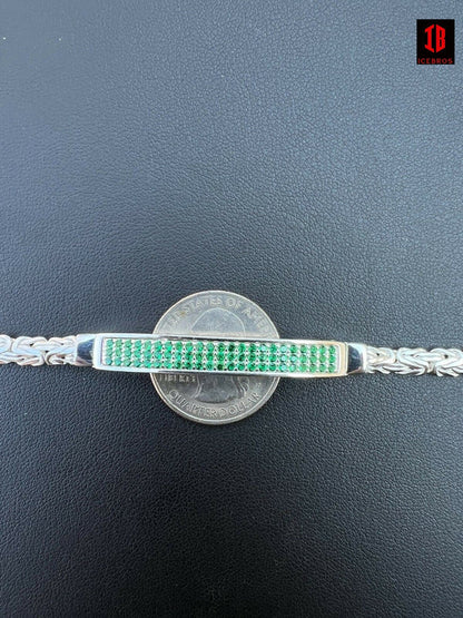 Men Byzantine Presidential ID Bracelet Real 925 Silver Iced Green Eemerald Stone