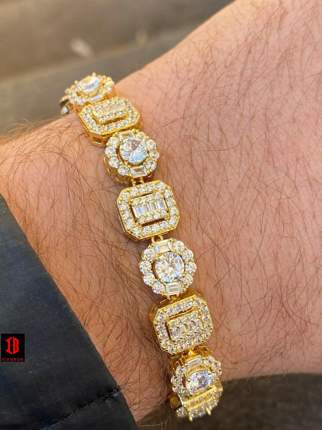 Iced Solid 925 Sterling Silver 14k Gold Baguette Diamond Tennis Bracelet Hip Hop