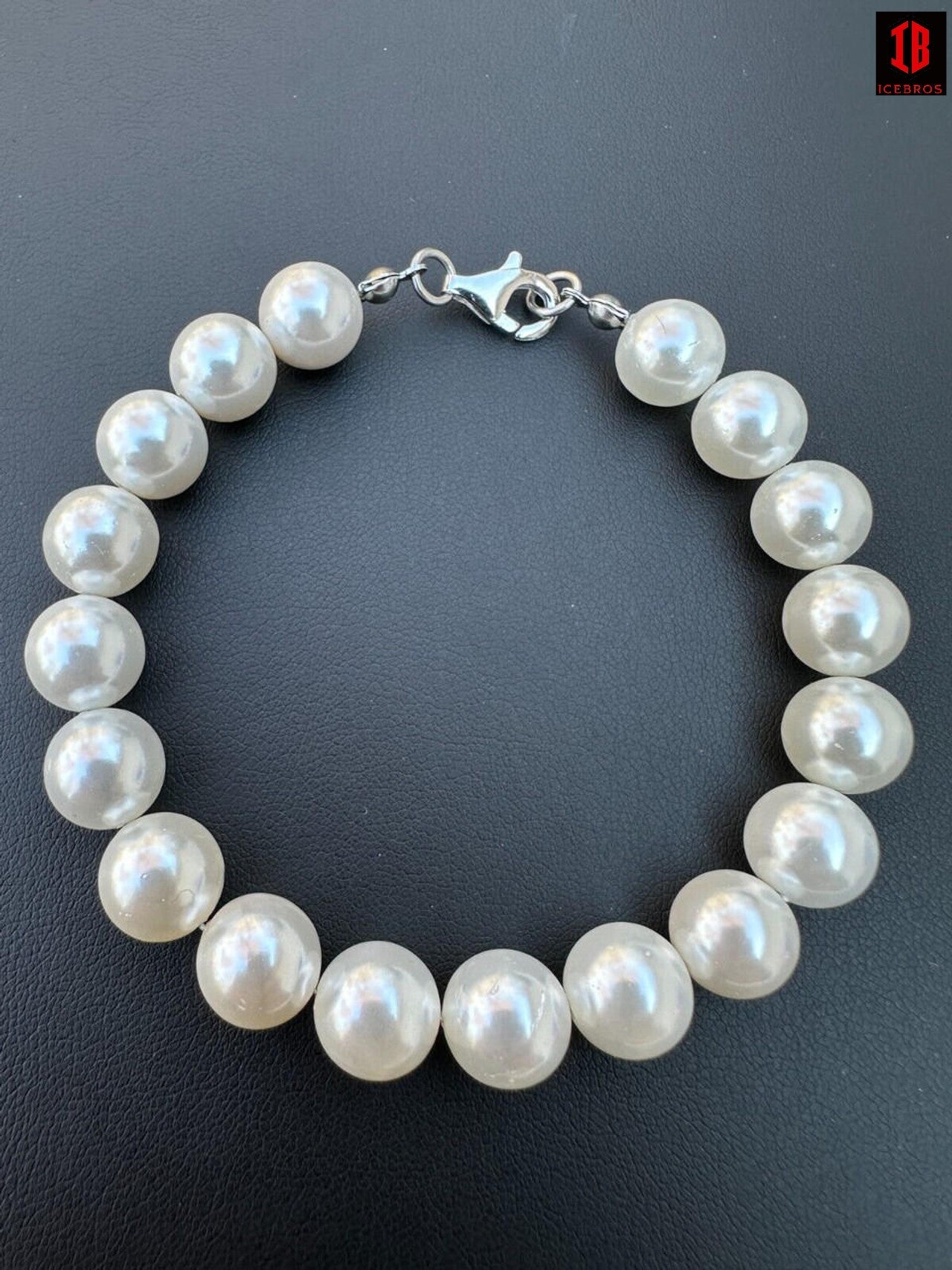 White Cultured Pearl Bracelet 925 Sterling Silver Clasp For Men & Women