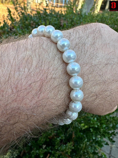 White Cultured Pearl Bracelet 925 Sterling Silver Clasp For Men & Women