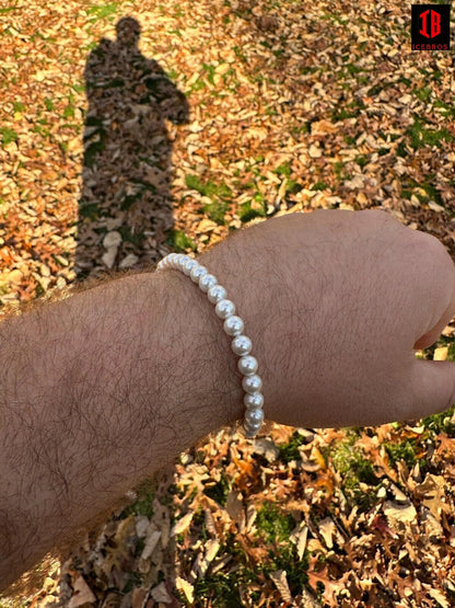 White Cultured Pearl Bracelet 925 Sterling Silver Clasp For Men & Women