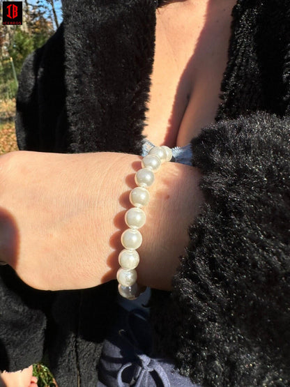 White Cultured Pearl Bracelet 925 Sterling Silver Clasp For Men & Women
