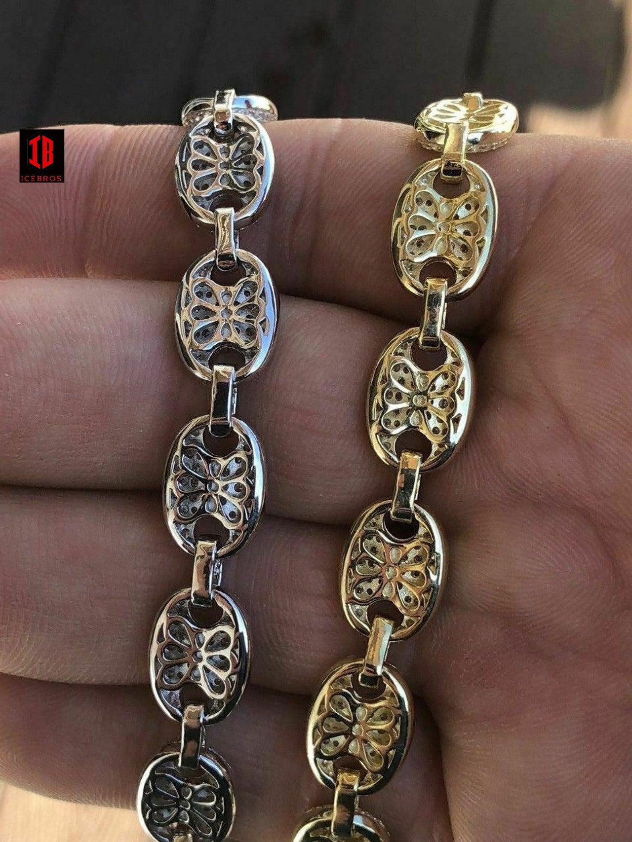 YELLOW GOLD Men's Mariner Gucci Link Chain ICY Man Made Diamonds Solid 925 Silver 8mm Thick