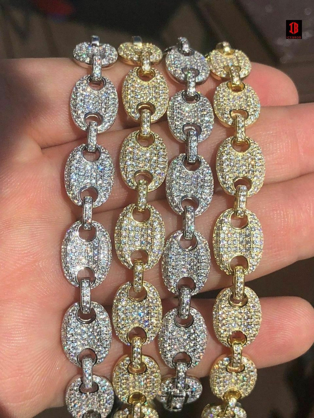 YELLOW GOLD Men's Mariner Gucci Link Chain ICY Man Made Diamonds Solid 925 Silver 8mm Thick