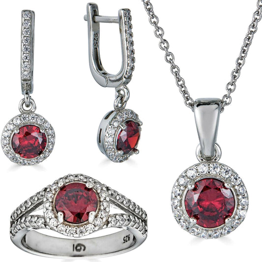 Real 925 Silver Red Ruby & Diamond Ring Pendant Necklace & Earrings Jewelry Set