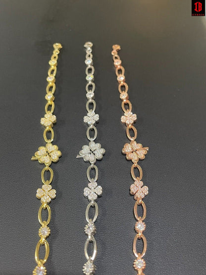 Real 925 Silver Yellow Rose Gold Plated Four Leaf Clover Iced Crystal Bracelet