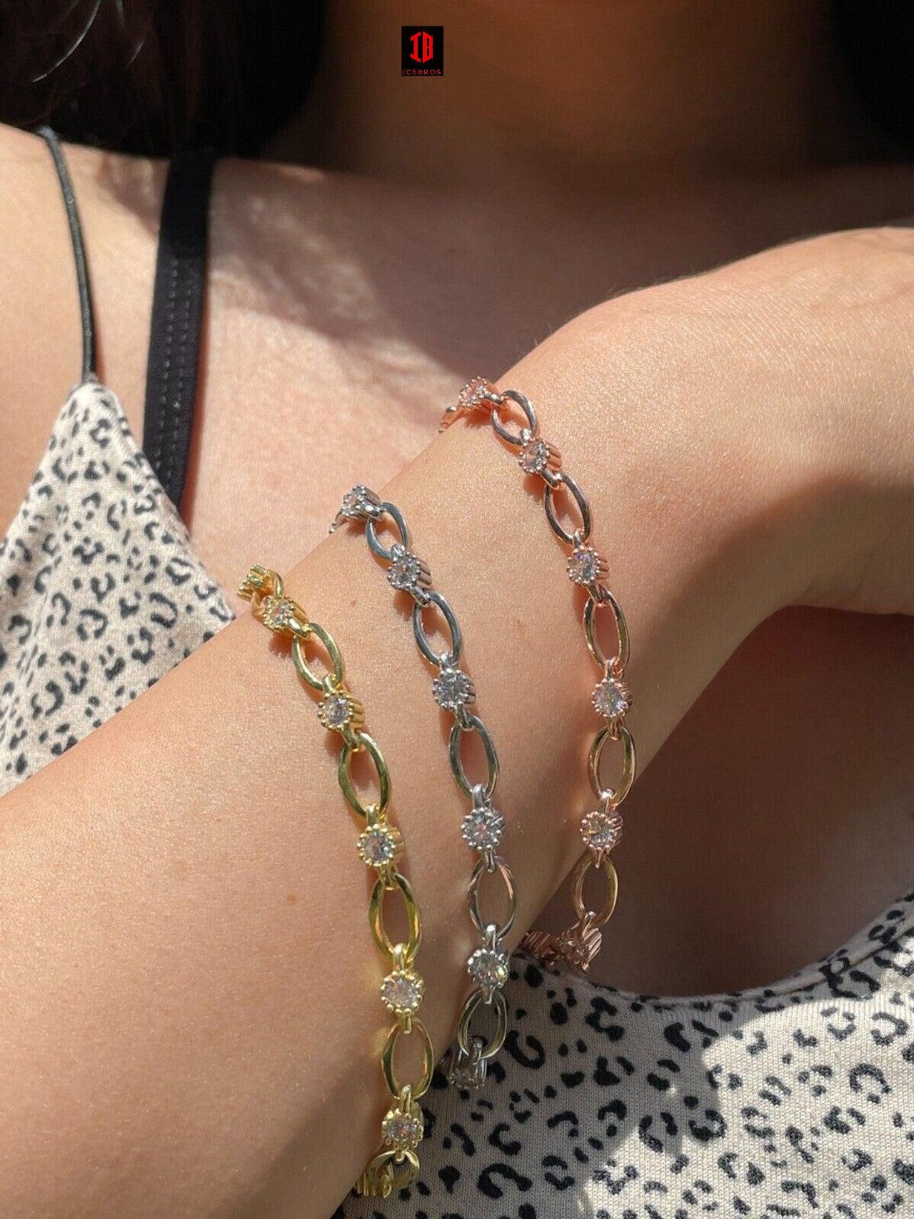 Real 925 Silver Yellow Rose Gold Plated Paperclip W/ Stone Iced Crystal Bracelet