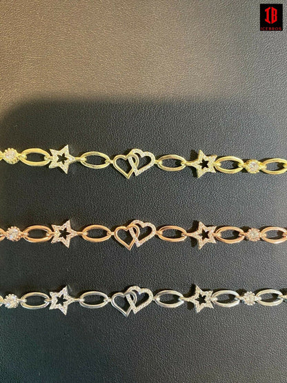 Real 925 Sterling Silver Yellow Rose Gold Oval Heart & Stars CZ Ladies Bracelet