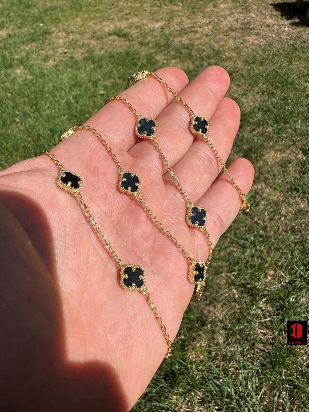 Real Clover Black Onyx 14-24inch chain 14k Gold Vermeil 925 Silver